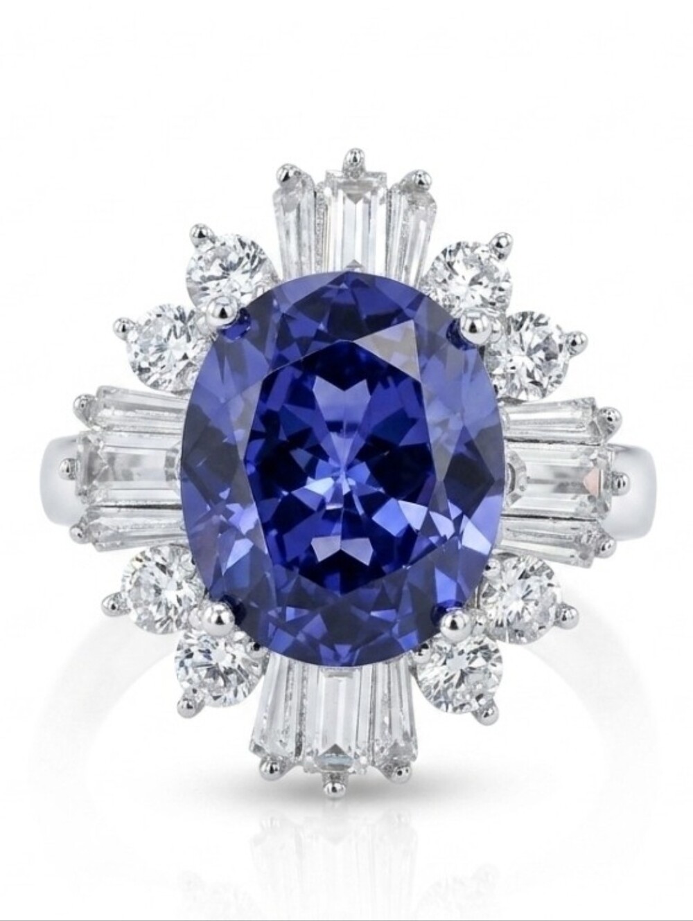 Gorgeous Tanzanite & White Diamond Created Ring Sterling Silver Size 8!